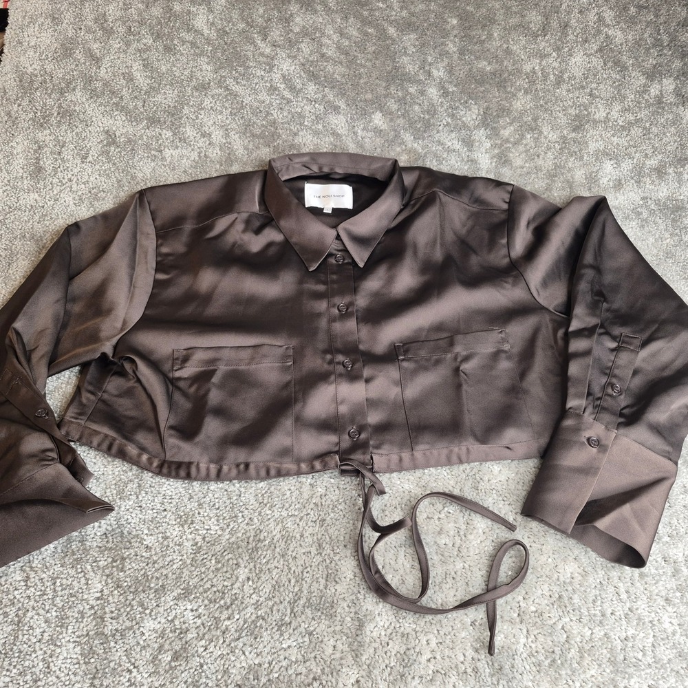The Noli Shop Brown Satin Cropped Button Down Shirt Drawstring Hem Large